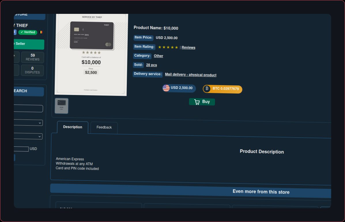 Online store interface offering service by thief products.