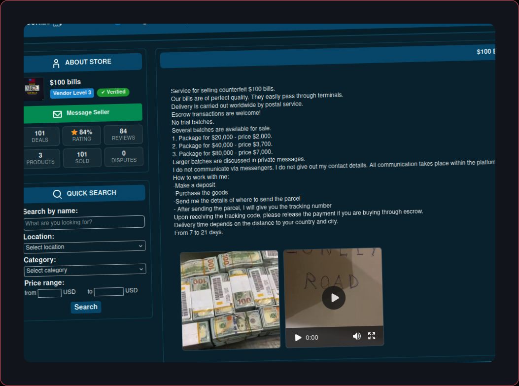 A website interface displaying counterfeit United States dollar banknotes for sale.