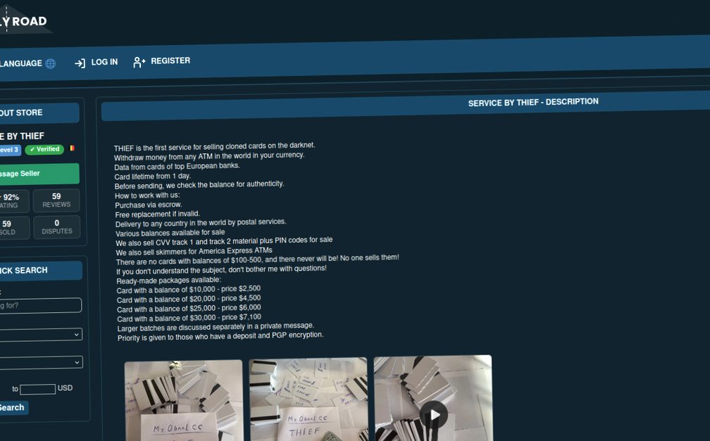 Website interface showing services for selling cloned debit cards.